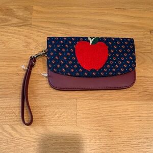 New Talbots Red and Navy Clutch with Apple Design- leather & fabric